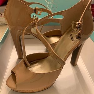 Tan/cork Patton leather peep-toe heels